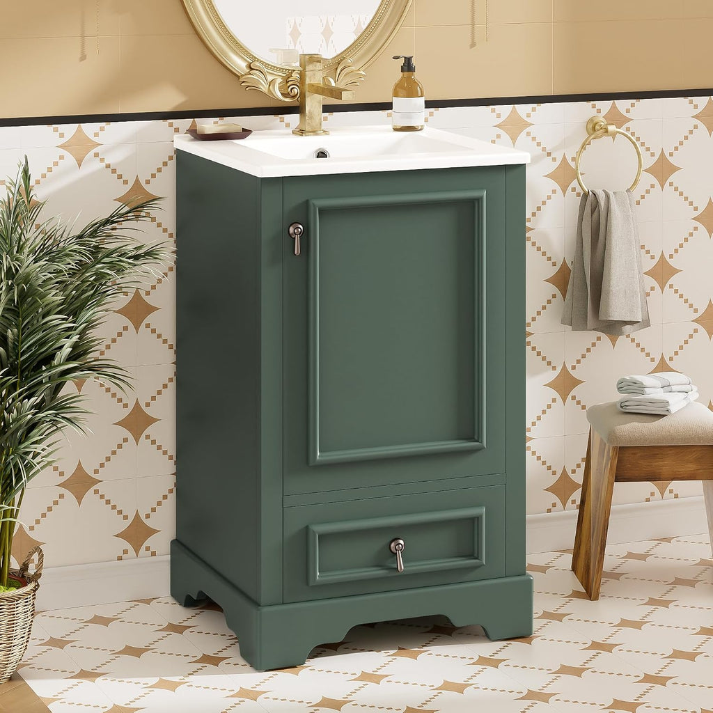 20 Inch Green Bathroom Vanity with Ceramic Sink and 1 Divider Drawer, Modern Bathroom Cabinet with Adjustable Shelf, Over Door Storage Rack and Soft Close Door