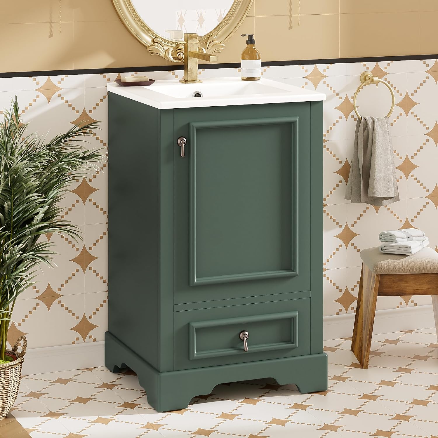 20 Inch Green Bathroom Vanity with Ceramic Sink and 1 Divider Drawer, Modern Bathroom Cabinet with Adjustable Shelf, Over Door Storage Rack and Soft Close Door