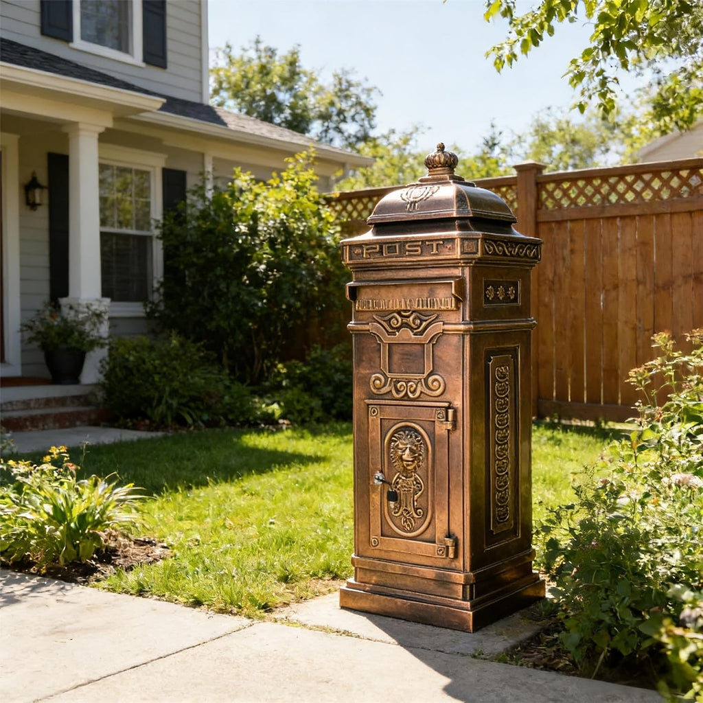 Copper Mailbox, Large Lockable Package Drop Box with Roman Statue, Rustproof Cast Aluminum Mail Boxes for Outside, Vintage Post-Mount Design, Weatherproof & Elegant Garden Letter Box (Copper)
