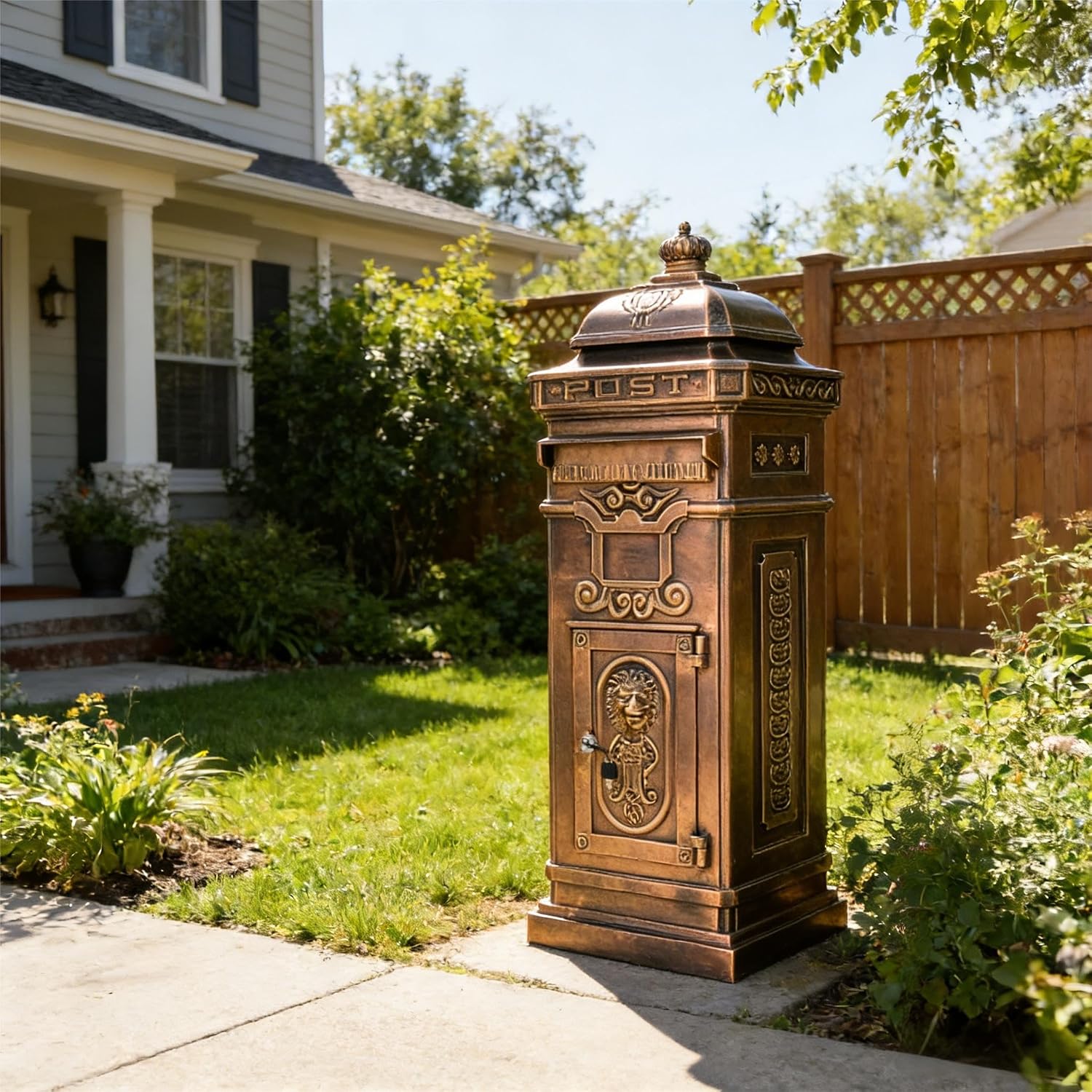 Copper Mailbox, Large Lockable Package Drop Box with Roman Statue, Rustproof Cast Aluminum Mail Boxes for Outside, Vintage Post-Mount Design, Weatherproof & Elegant Garden Letter Box (Copper)