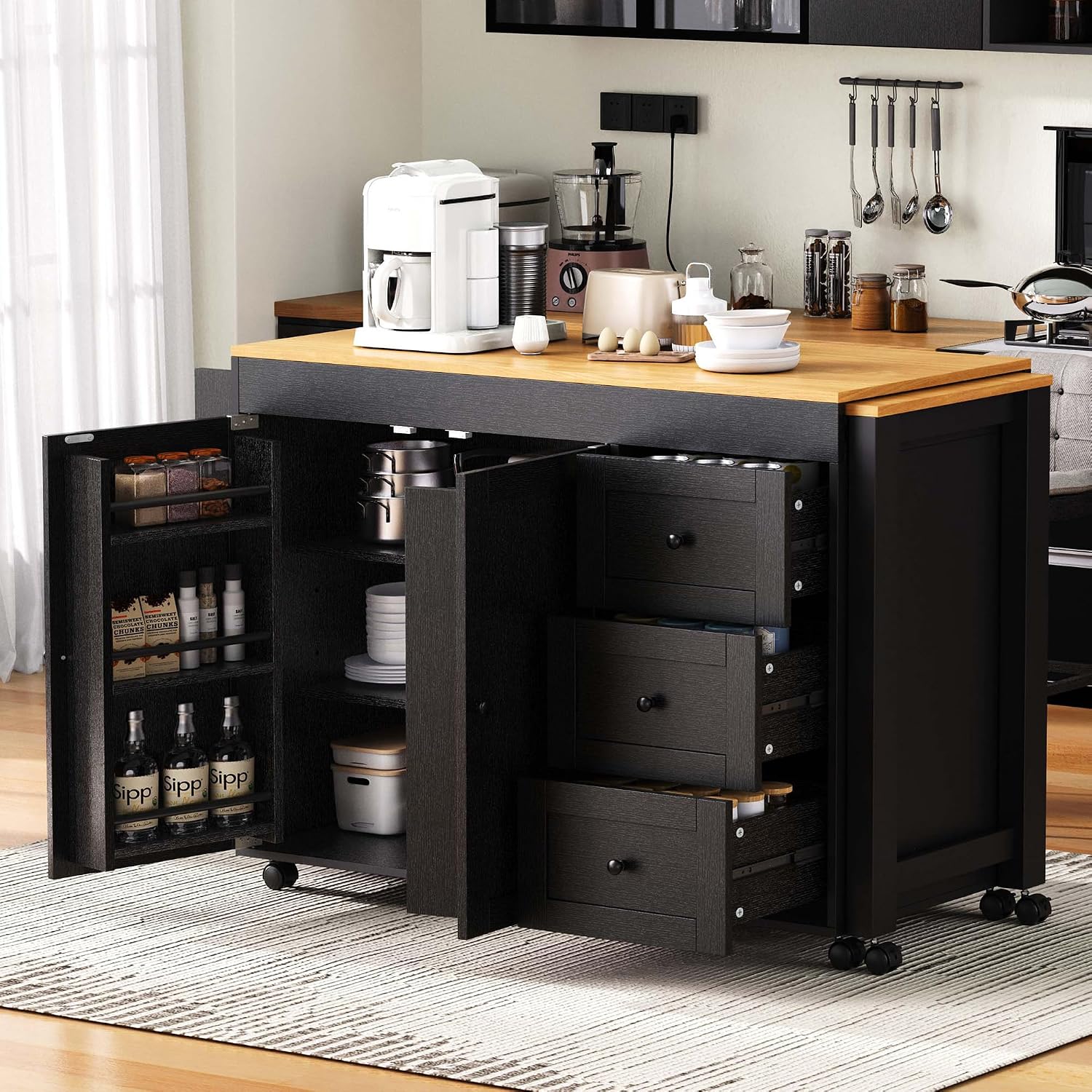RUNNA Kitchen Island with Extendable Dining Table,Storage Cart with 3 Drawers,Power Outlet,Rolling Island on Wheels with Spice Rack and 2 Door Cabinet,for Kitchen (Black@01)