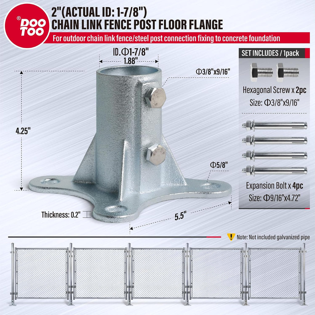 Chain Link Fence Post Flange - 2' Heavy Duty Round Post Base Bracket (6-Pack) Fits 1-7/8' Outer Diameter Fence/Mailbox/Flag Posts - Floor Mount Flange Kit