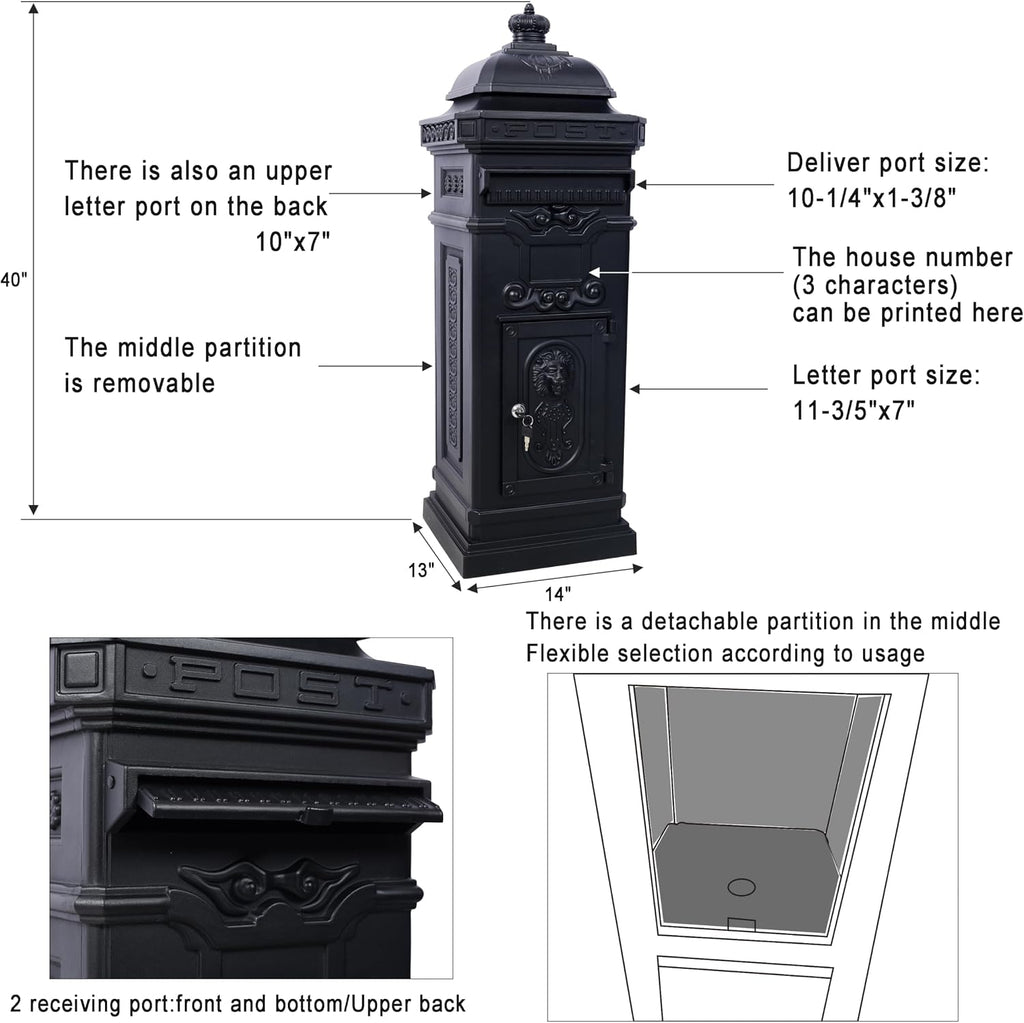 Copper Mailbox, Large Lockable Package Drop Box with Roman Statue, Rustproof Cast Aluminum Mail Boxes for Outside, Vintage Post-Mount Design, Weatherproof & Elegant Garden Letter Box (Black)