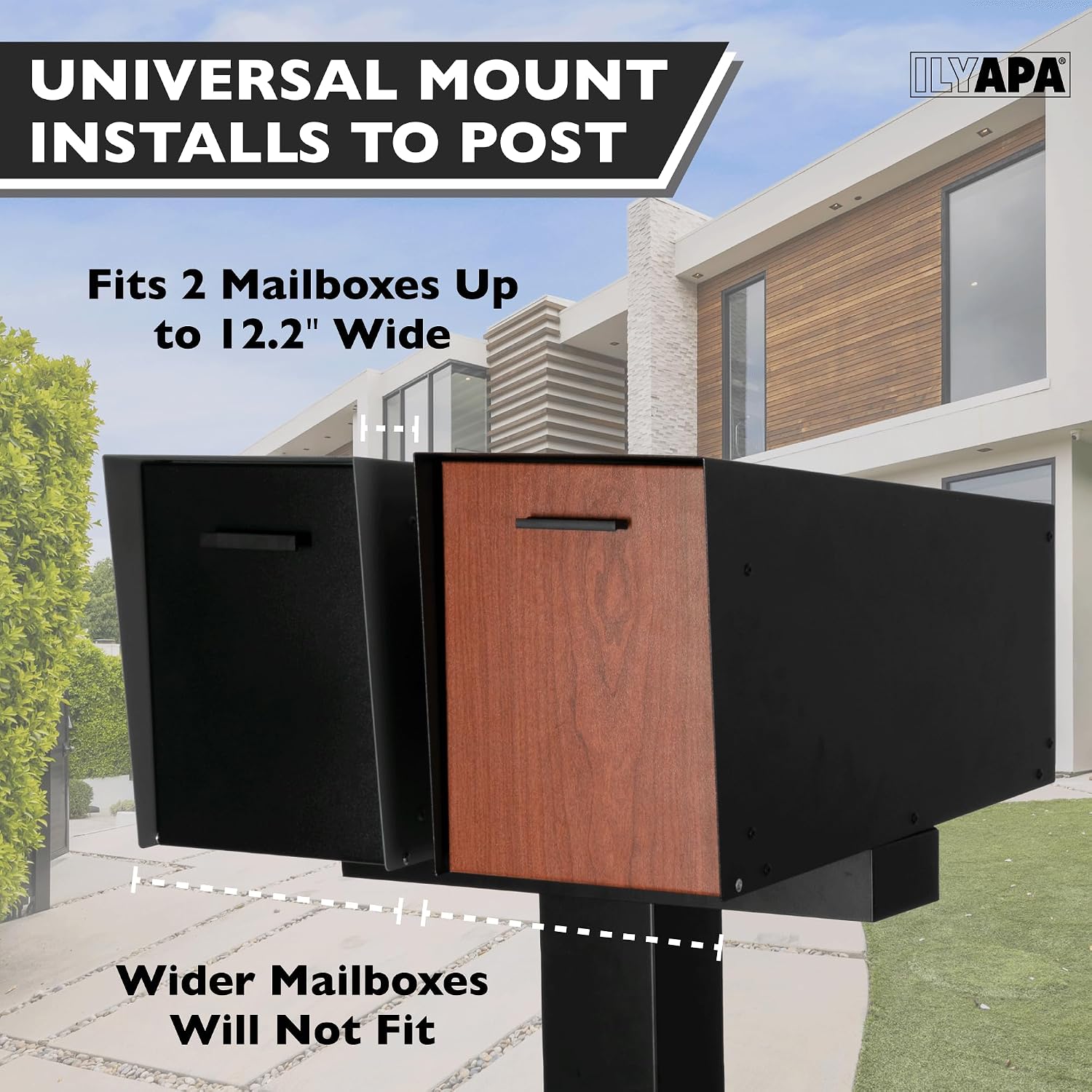 Ilyapa Modern Post Mount Mailbox (Black/Redwood Door) with Double Mailbox Post (43' Black Metal) - Secure Letterbox with Magnetic Close & Universal Mounting Bracket