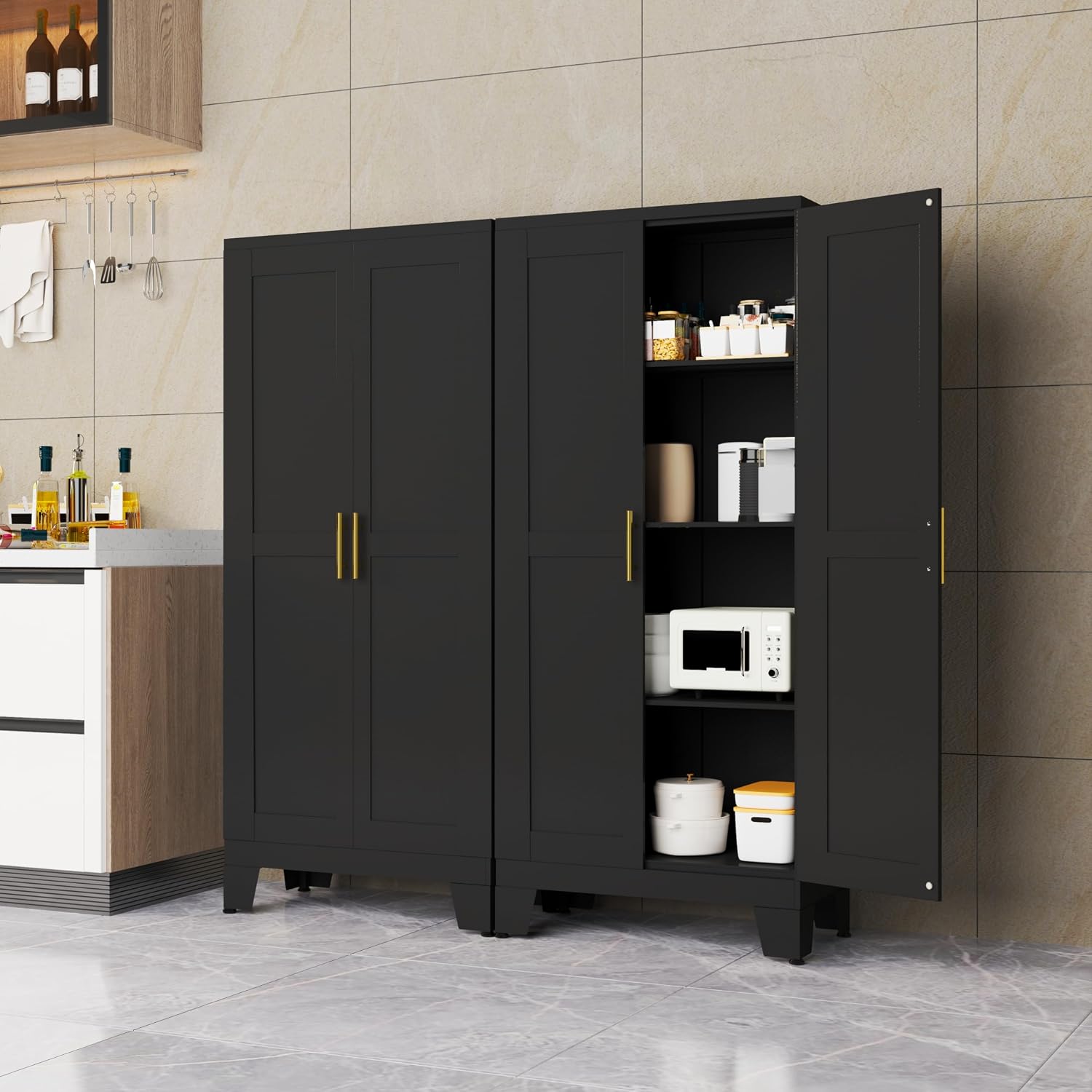 erosoei 61.02'H Metal Pantry Storage Cabinet, Kitchen Storage Cabinets with Adjustable Feet and Shelves, Pantry Cabinet for Kitchen, Living Room, Laundry Room and Dinning Room