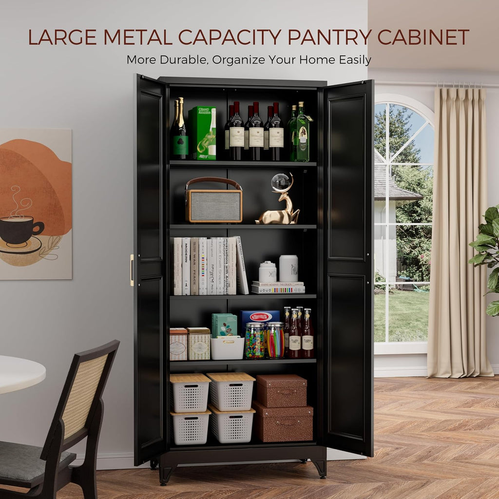 75' Kitchen Pantry Cabinet, Black Metal Storage Cabinets with 2 Doors and 4 Adjustable Shelves, Tall Pantry Storage Cabinet for Kitchen, Dining Room, Living Room