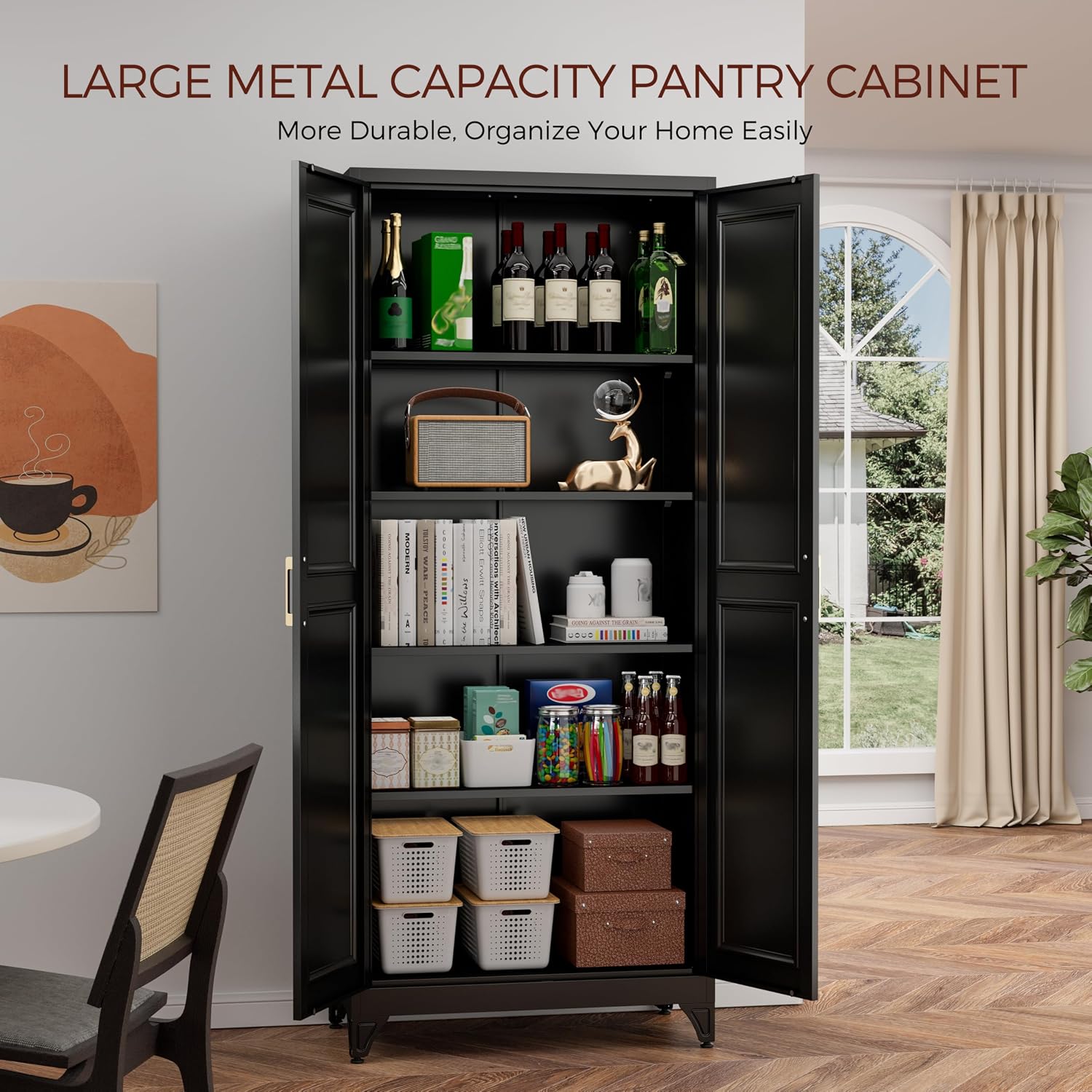 75' Kitchen Pantry Cabinet, Black Metal Storage Cabinets with 2 Doors and 4 Adjustable Shelves, Tall Pantry Storage Cabinet for Kitchen, Dining Room, Living Room