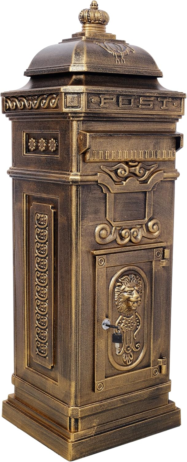 Vintage Large-Capacity Cast Aluminum Mailbox, Outdoor Weatherproof Floor Standing Postbox, Decorative Copper Finish Letter Box with Lock, Roman Column Design for Home Use (Copper)