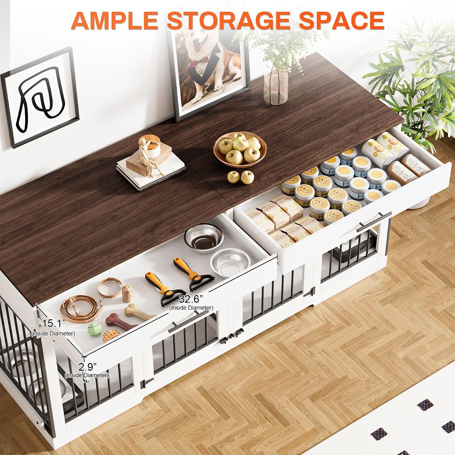 Rophefx 72' Dog Crate Furniture for 2 Dogs, Large Dog Kennel Furniture with 2 Storage Drawer and Removable Divider, Wooden Dog Cage with 4 Bowls, Indoor Dog House TV Stand for Medium Dog, White