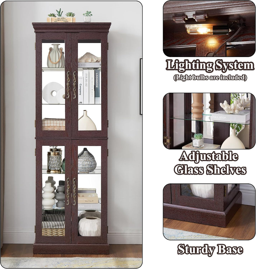 71' H Lighted Curio Cabinet Display Case, Glass Curio Cabinets with Adjustable Shelves and Tempered Glass Door, Wooden Cabinet w/Mirrored Back Pane for Living Room (Dark Cherry)