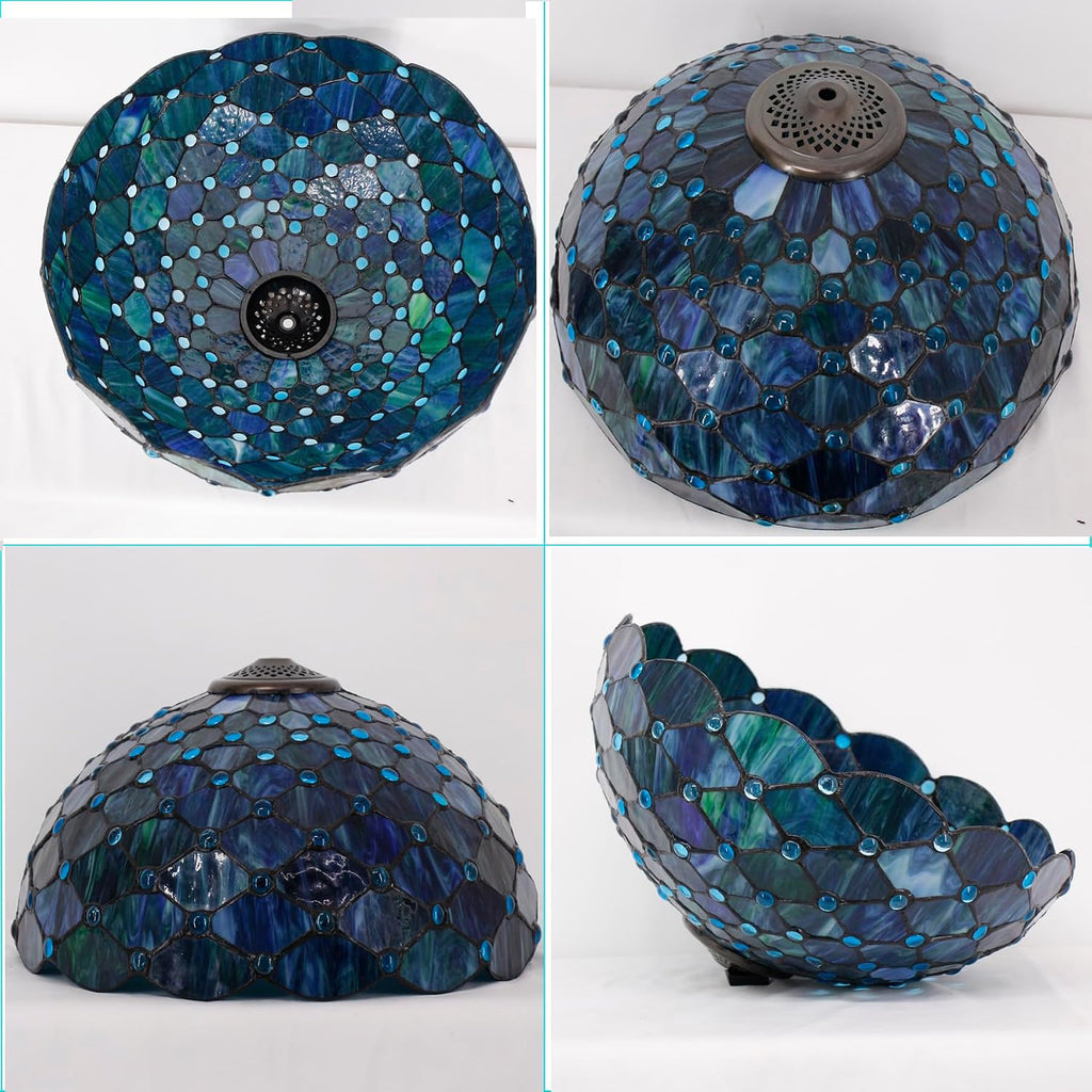 Large Tiffany Lamp Shade Replacement Only 16Inch Stained Glass Lampshade Fit For Table Lamps FLoor Lamp Ceiling Fixture Pendant Hanging Light Home Office Decoration (Blue Beads)