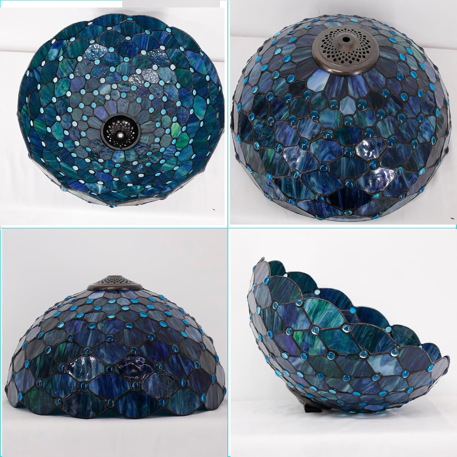 Large Tiffany Lamp Shade Replacement Only 16Inch Stained Glass Lampshade Fit For Table Lamps FLoor Lamp Ceiling Fixture Pendant Hanging Light Home Office Decoration (Blue Beads)