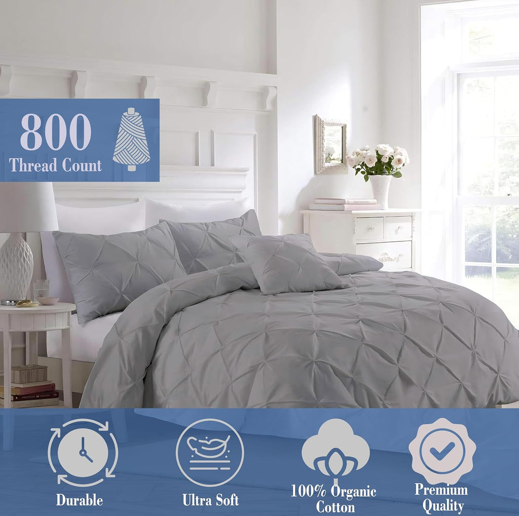 Pinch Duvet Cover Set Oversized Queen Size 1 Duvet Cover with 2 Pillow Shams 3-Pc Comforter Cover with Zipper Closure & Corner Tie 100% Egyptian Cotton Cover (98x98 Inch, Silver)