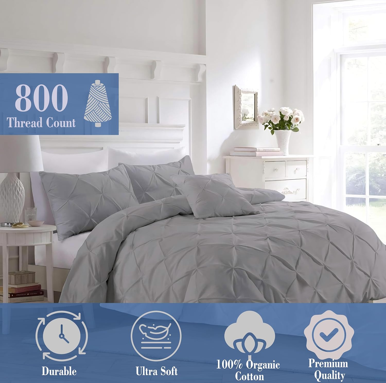 Pinch Duvet Cover Set Oversized Queen Size 1 Duvet Cover with 2 Pillow Shams 3-Pc Comforter Cover with Zipper Closure & Corner Tie 100% Egyptian Cotton Cover (98x98 Inch, Silver)