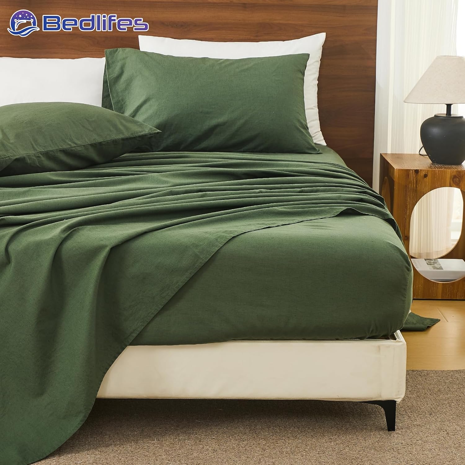Bedlifes 100% French Pure Linen Sheets Queen Size Breathable and Cooling Flax Sheet Set Soft Durable and Moisture Wicking 16 Inch Deep Pocket-4 Piece(Queen,Forest Green)