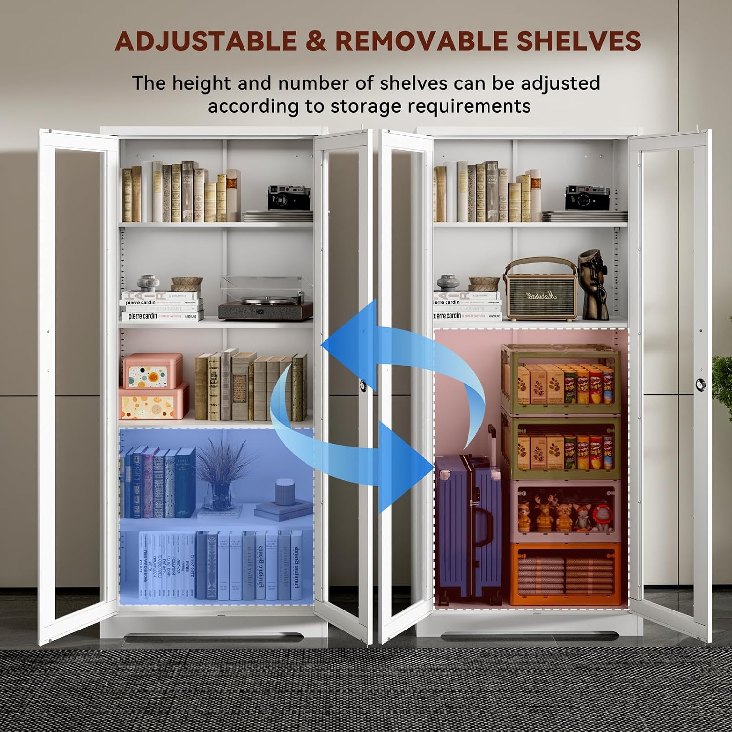 Display Cabinet with Glass Doors,71' Metal Curio Cabinets with 4 Adjustable Shelves, 5 Tier Display Case for Collectibles, Metal Storage Cabinet, White