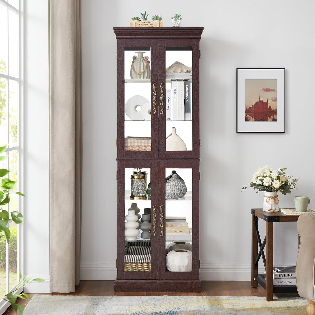 71' H Lighted Curio Cabinet Display Case, Glass Curio Cabinets with Adjustable Shelves and Tempered Glass Door, Wooden Cabinet w/Mirrored Back Pane for Living Room (Dark Cherry)