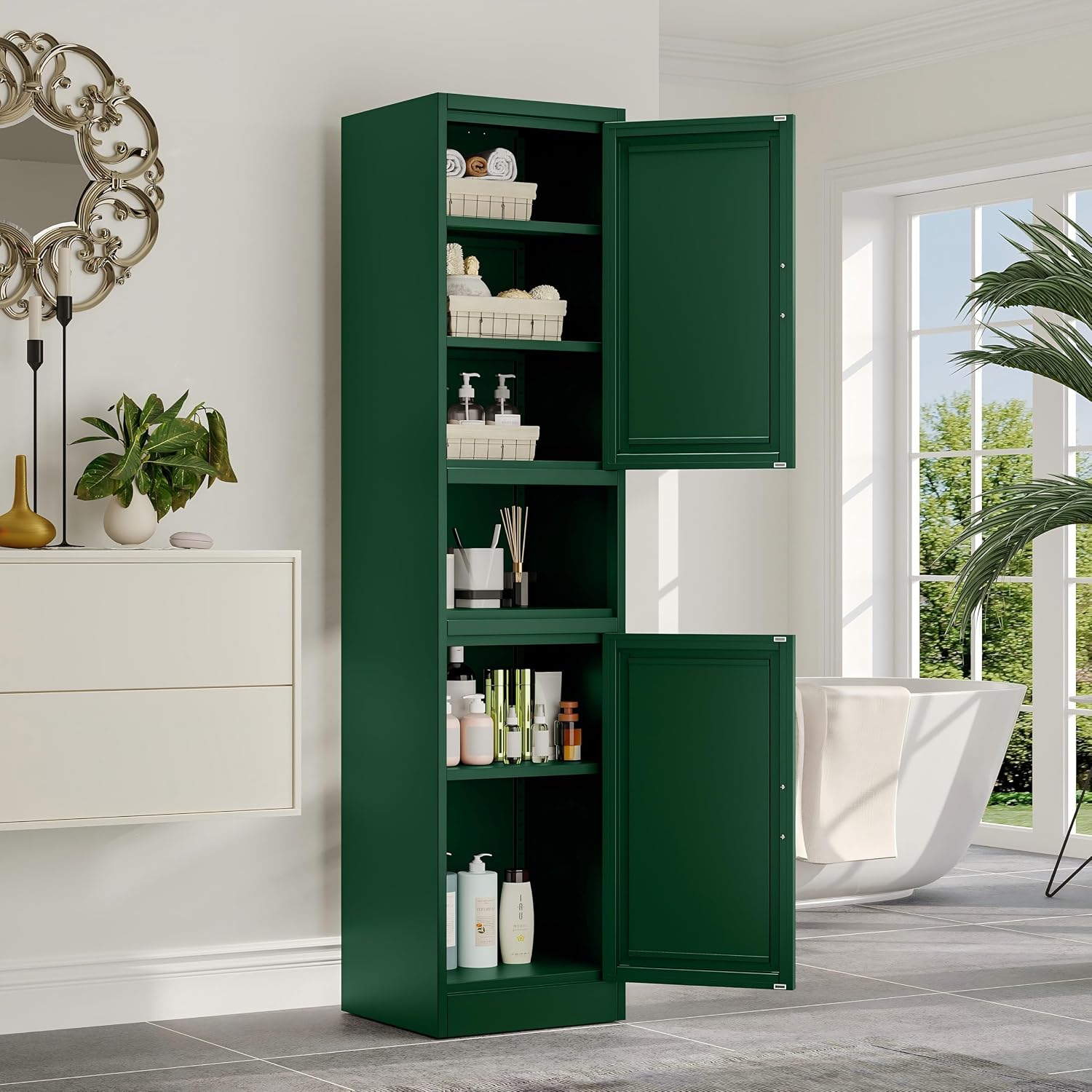Metal Tall Narrow Kitchen Pantry Cabinet,Tall Bathroom Storage Cabinet,67' High Bathroom Organizers with Doors and Adjustable Shelves for Bathroom, Kitchen,Small Spaces