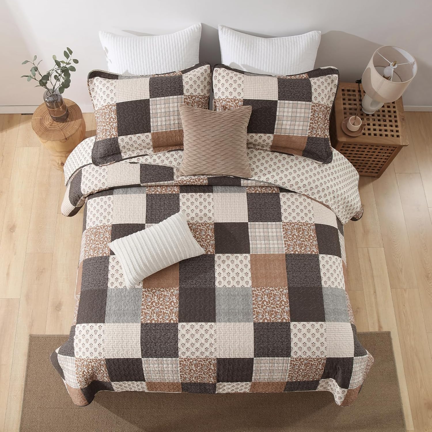 Finlonte 100% Cotton Queen Quilt Set, Farmhouse Plaid Queen Quilted Bedspread, Brown Grey Beige Lightweight Comforter Bedding Set for All Season, 3-Piece
