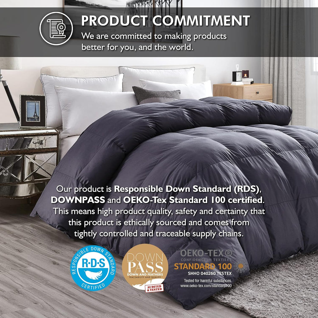 Luxurious Queen Size Goose Down Feather Fiber Comforter Duvet Insert, 100% Egyptian Cotton Cover, 60 oz. Fill Weight Comforter (Queen, Gray Solid)