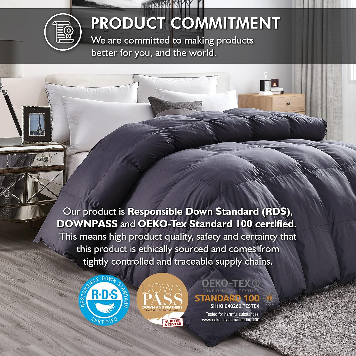 Luxurious Queen Size Goose Down Feather Fiber Comforter Duvet Insert, 100% Egyptian Cotton Cover, 60 oz. Fill Weight Comforter (Queen, Gray Solid)