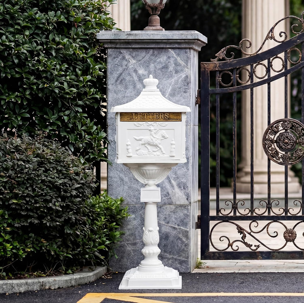 Cast Aluminum Locking Mailbox, Heavy Duty Security Postal Box, Retro Mid-Century Outdoor Mailbox with Key Lock, Weatherproof Anti-Theft Design, Easy Installation, White
