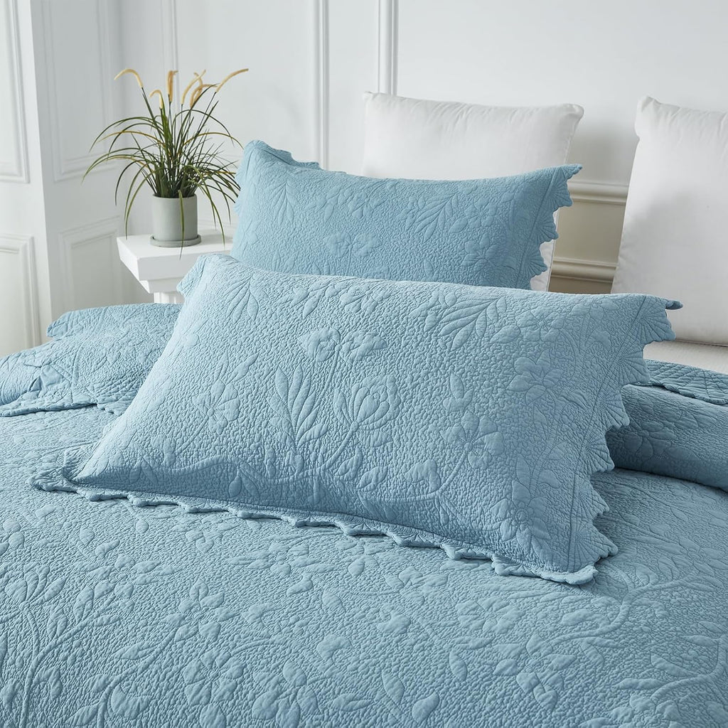 Brandream Luxury 100% Cotton Quilt Set Queen Size Blue Floral Vine Matelasse Stitching Hand-Finished Scalloped Edges Vintage-Inspired Textured Coverlet 3-Piece