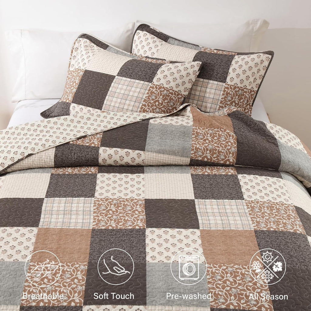 Finlonte 100% Cotton Queen Quilt Set, Farmhouse Plaid Queen Quilted Bedspread, Brown Grey Beige Lightweight Comforter Bedding Set for All Season, 3-Piece