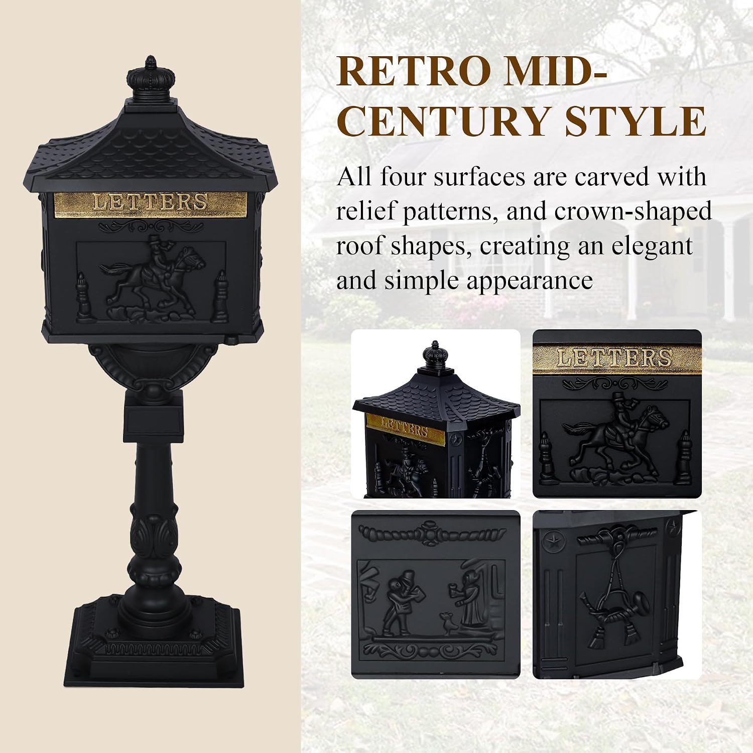 Mailbox, Heavy Duty Cast Aluminum Postal Box, Mail Box with 2 Keys for Courtyard Villa Decoration - Black