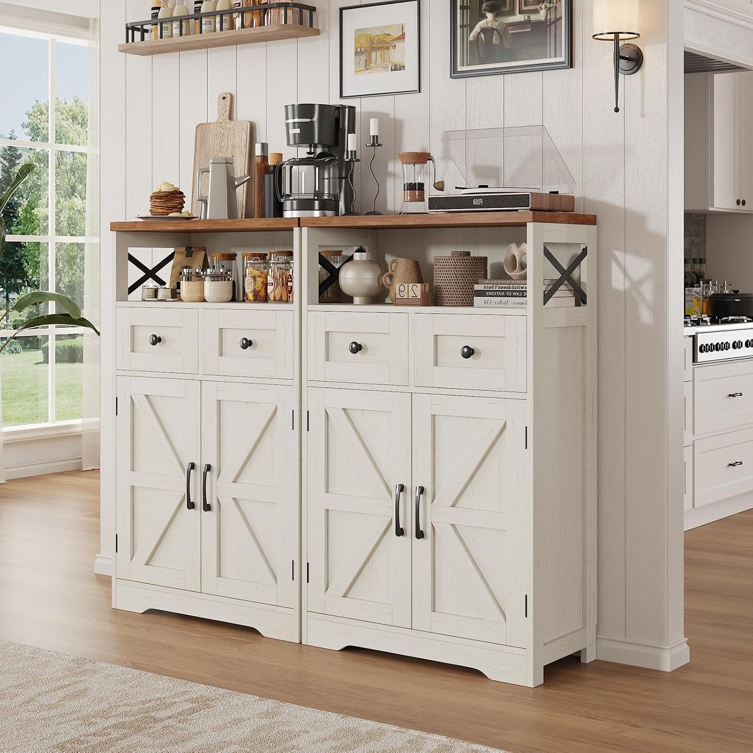 Befrases Set of 2 Farmhouse Storage Cabinet with Barn Doors and Drawers, Freestanding Kitchen Pantry, Floor Storage Cabinet Hutch Cupboard for Kitchen, Laundry, Living Room, White