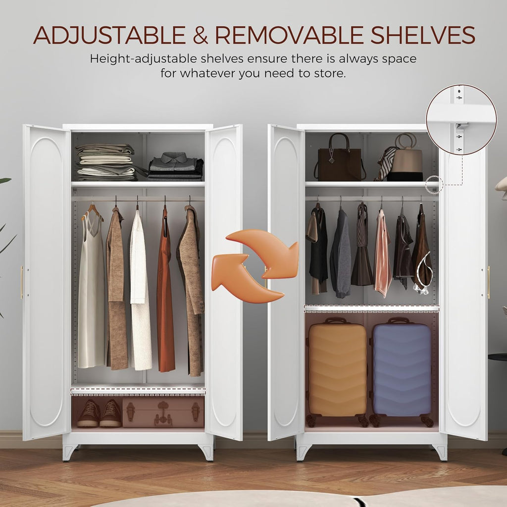 71' White Wardrobe Closet with 2 Doors, Metal Armoire Wardrobe Cabinet with Hanging Rod and Adjustable Shelves, Clothing Storage Cabinets for Bedroom, Laundry Room, Home Office