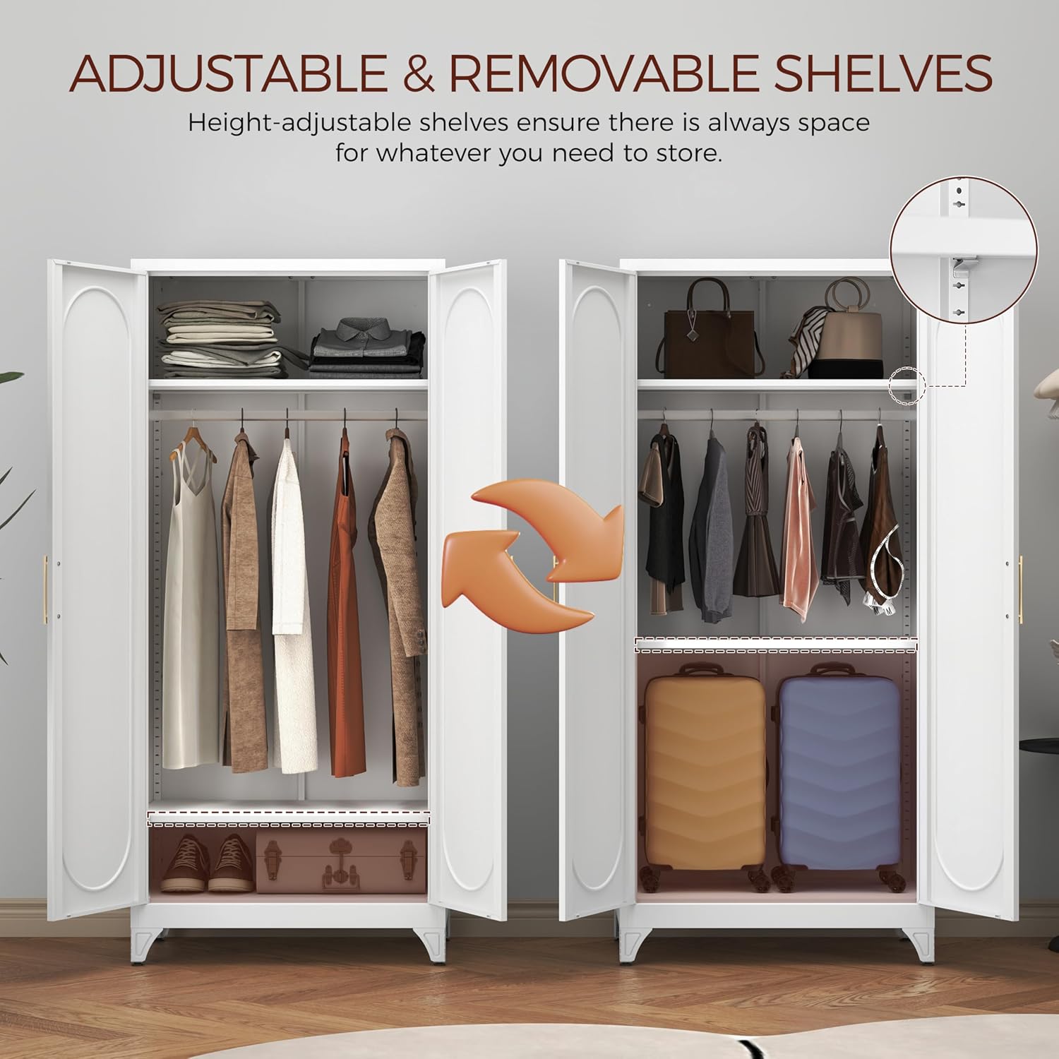 71' White Wardrobe Closet with 2 Doors, Metal Armoire Wardrobe Cabinet with Hanging Rod and Adjustable Shelves, Clothing Storage Cabinets for Bedroom, Laundry Room, Home Office