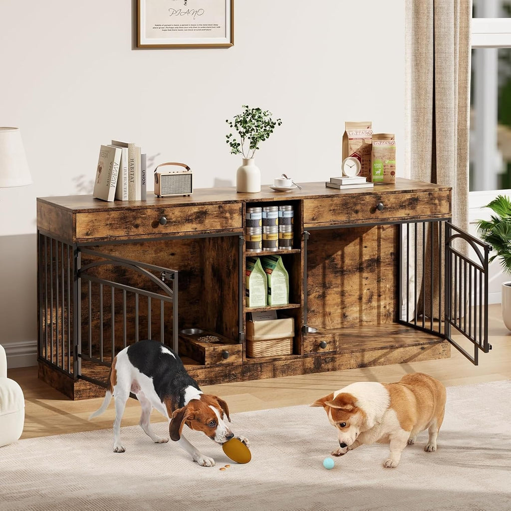 GAOMON Dog Crate Furniture for 2 Dogs, 78.7'' Large Dog Kennel Indoor with 2 Storage Drawers, 3 Shelves and Feeding Bowls, Double Dog Crate TV Stand for Small and Medium Dogs, Brown