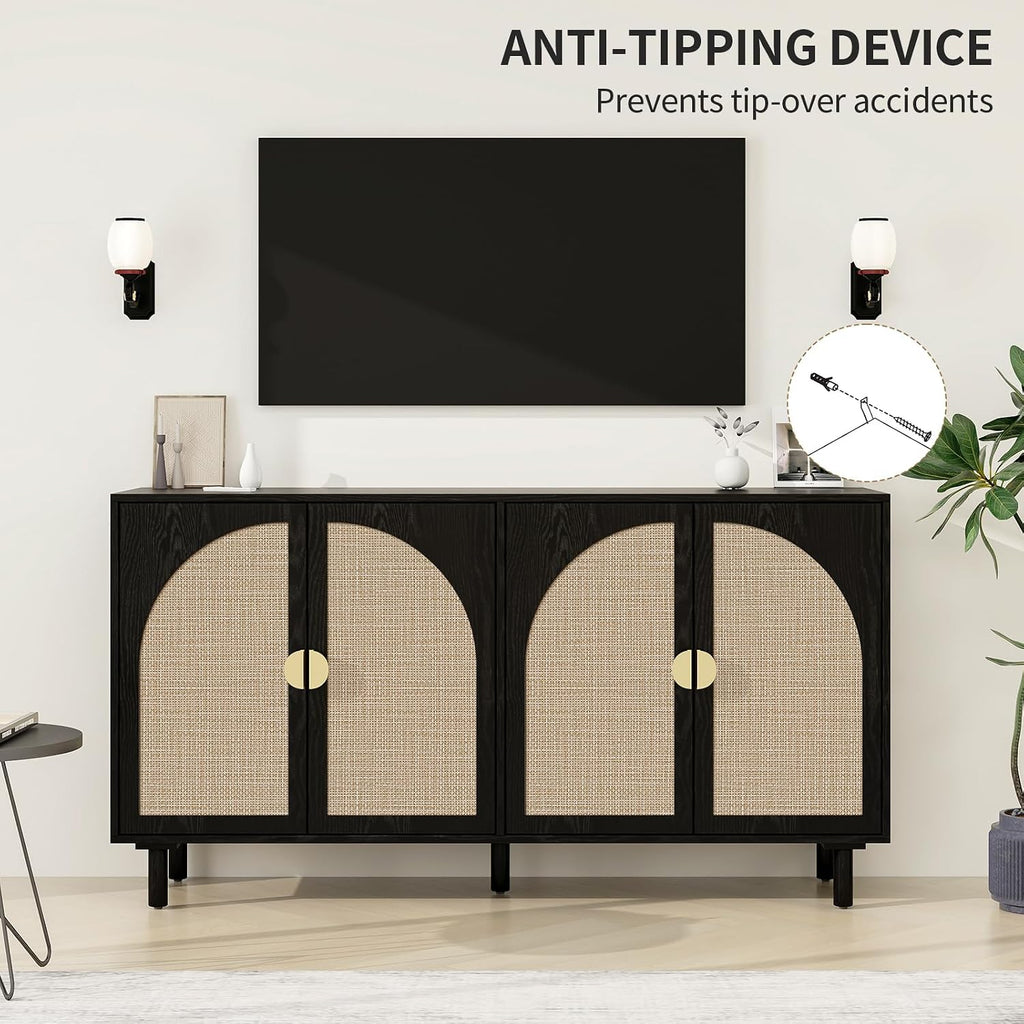 Black 4-Door Rattan Buffet Cabinet-Sideboard Buffet Cabinet with Storage, Accent Sideboard Cabinets-Wood Credenza with Cane Door, Boho Style Console Table for Dining Room & Living Room