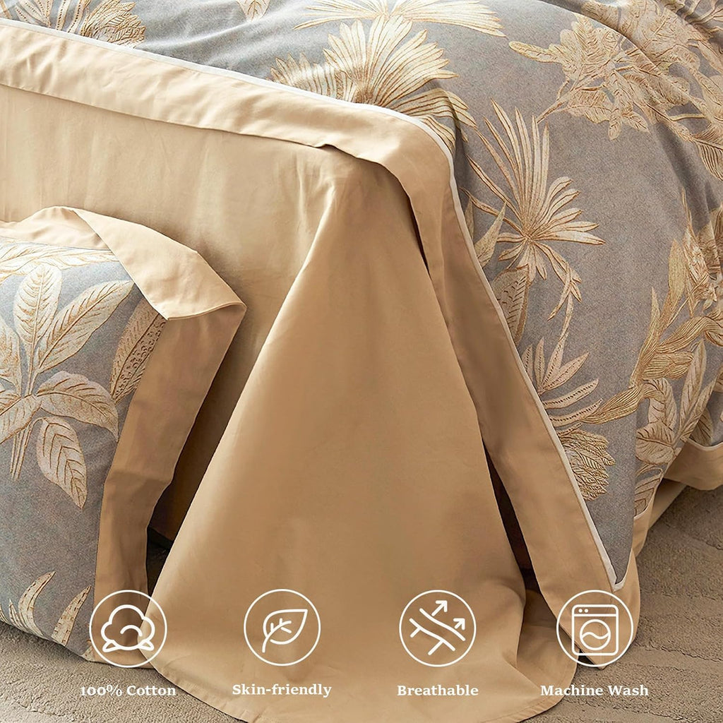 100% Cotton Duvet Cover King Size Set, Luxury Reversible Botanical Floral Patterned, Soft Breathable & Skin-Friendly Bedding for All Season Comfort, 3 Pieces (104'x90')
