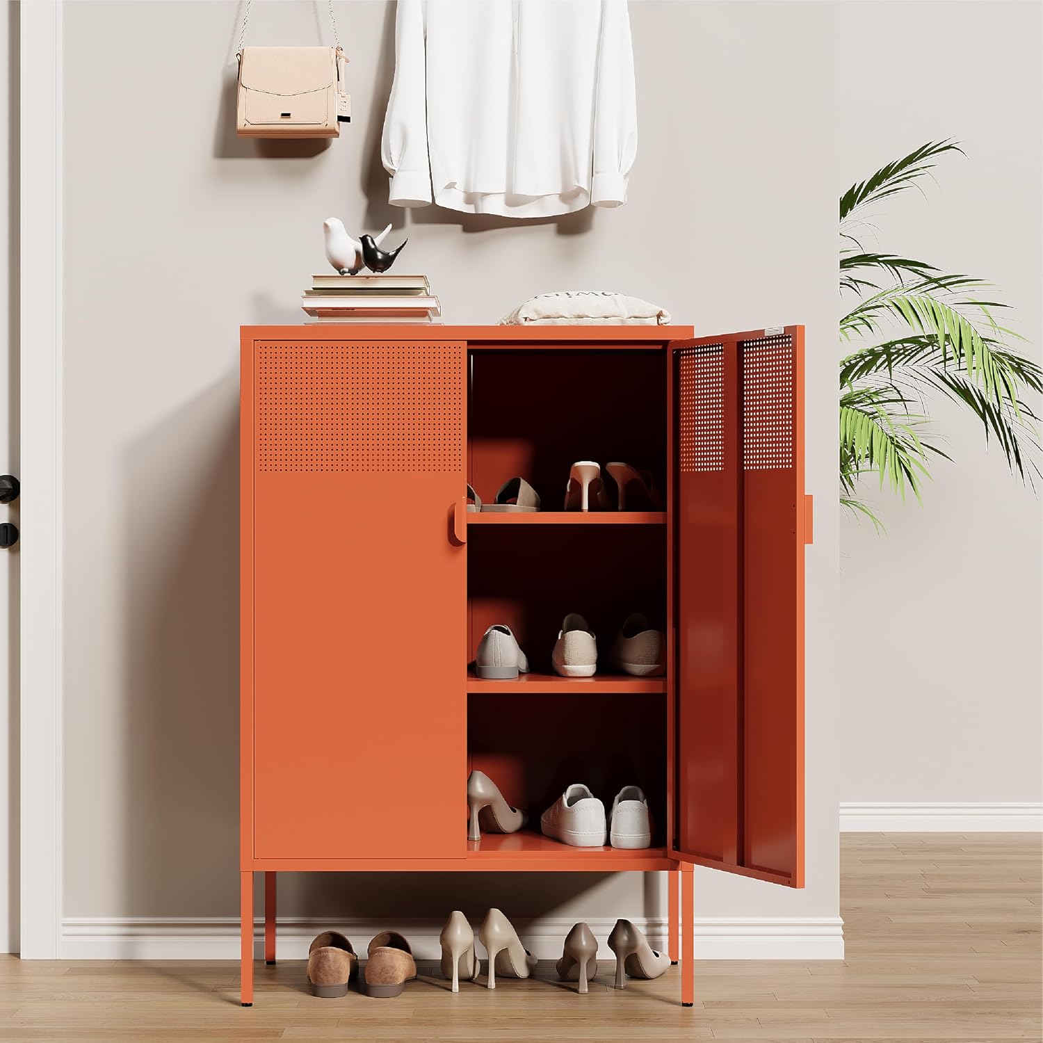 Orange Metal Storage Cabinet,2 Door TV Stand, Metal Mesh Accent Cabinet,Magnetic Door Closure,Low Storage Cabinets with Doors and Shelf for Home,Office,Living Room