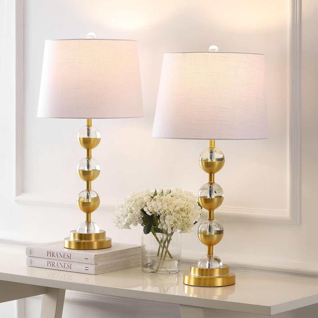 JONATHAN Y 27.5' Clear/Brass Gold Crystal LED Table Lamp Set of 2 for Bedroom, Modern Stacked Sphere Lamps for Living Room, White Linen Drum Shade, LED Bulbs Included JYL2049A-SET2