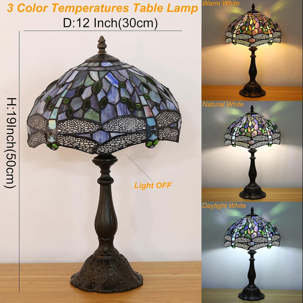Tiffany Table Lamp Blue Dragonfly Stained Glass Table Lamps for Bedroom 12X12X19Inch 3 Way Color Temperatures Bedside Nightstand Home Office Desk Lamp Reading Lights with E26 LED Bulb