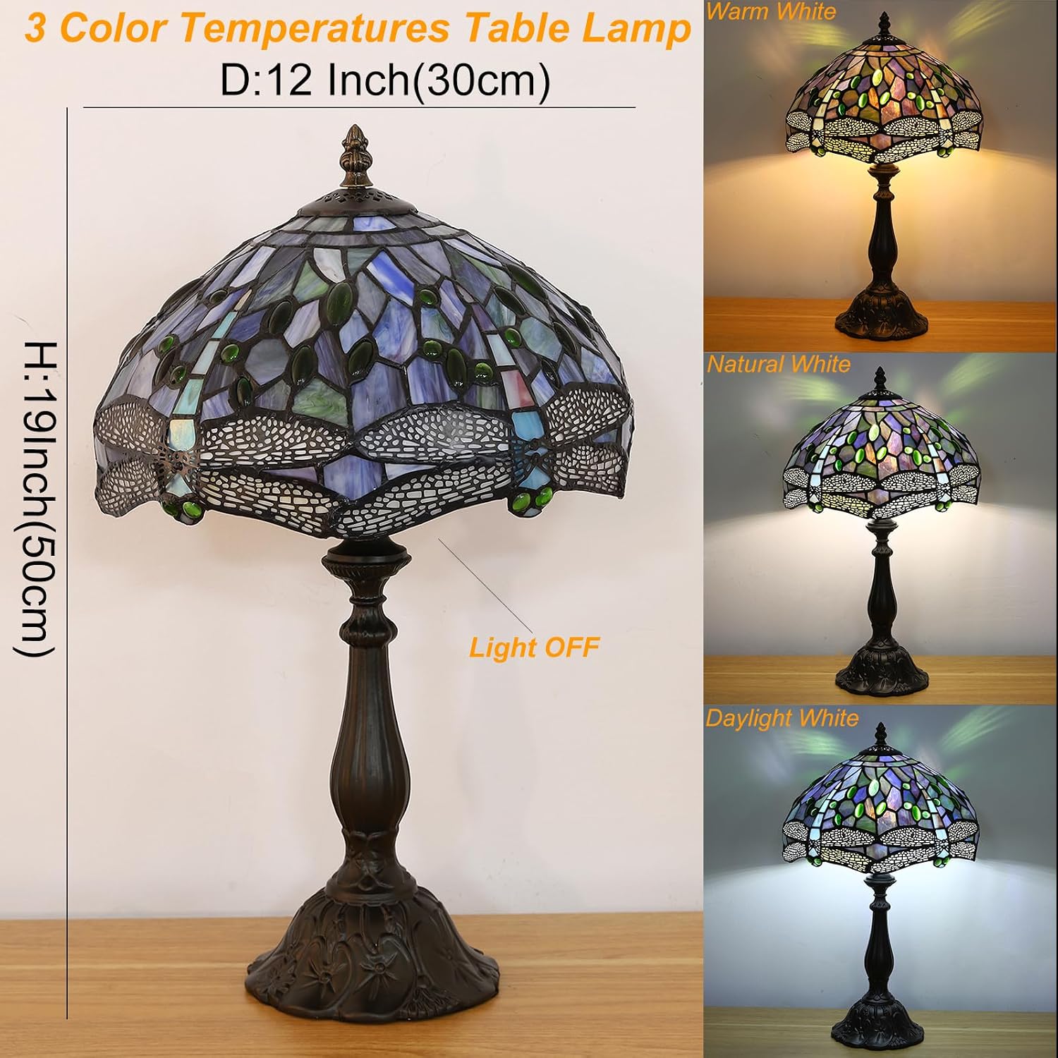 Tiffany Table Lamp Blue Dragonfly Stained Glass Table Lamps for Bedroom 12X12X19Inch 3 Way Color Temperatures Bedside Nightstand Home Office Desk Lamp Reading Lights with E26 LED Bulb