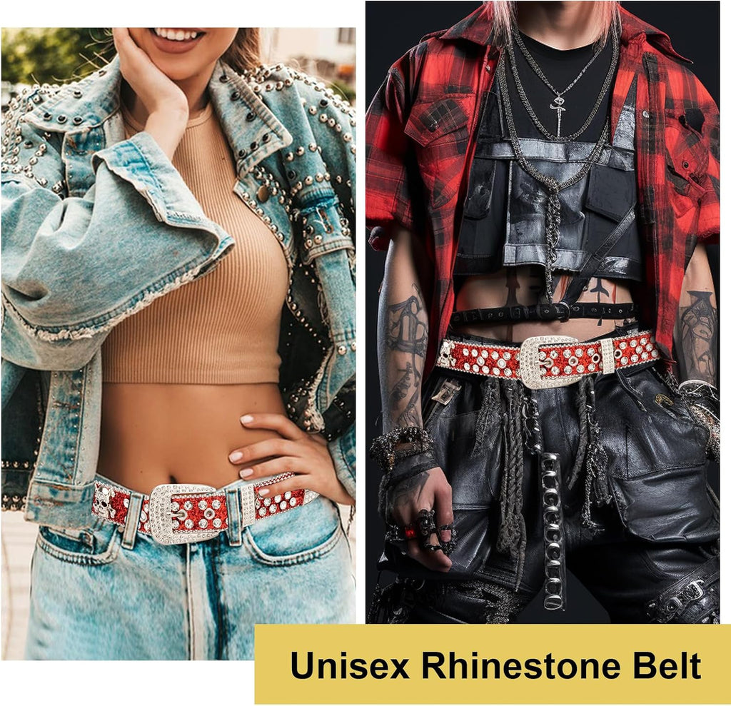 Rhinestone Skull Belt for Men, Genuine Leather belts, Bling Western Studded Y2K Leather Belt