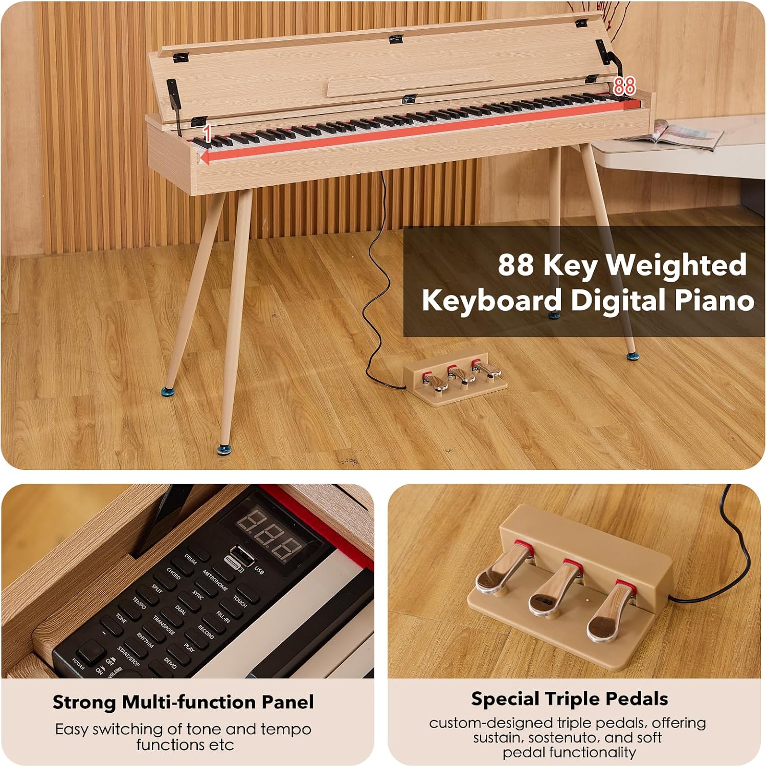 Digital Piano 88 Key Weighted Keyboard,Full-Size Desk Progressive Hammer-Action Electric Piano For Beginners, With Sheet Music Stand, Pedal,Power Adapter, Headphone Mode, Usb-Mid (Maple)