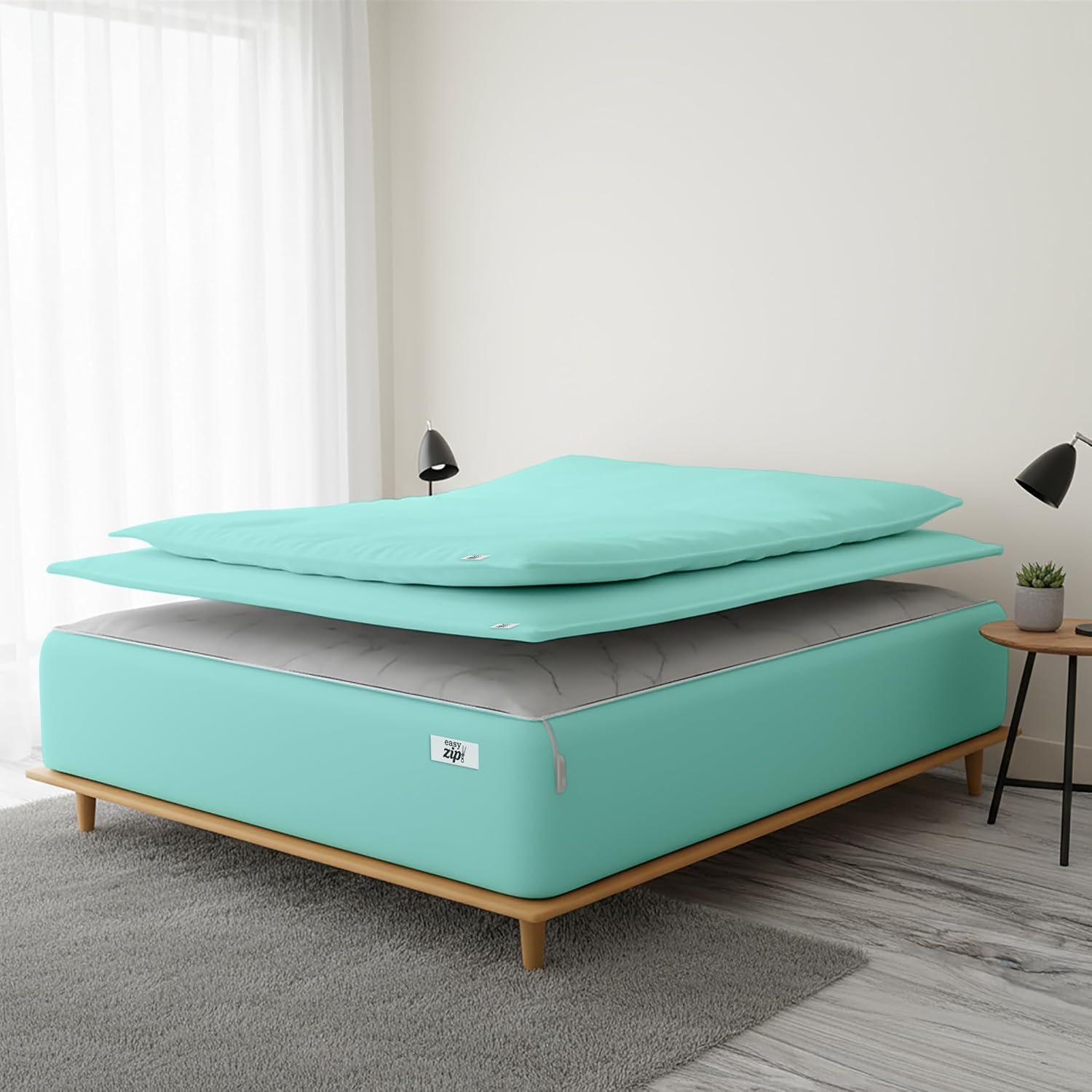 COTTON STICH 600 TC Zipper Fitted Sheet, 100% Egyptian Cotton, 18' Deep Pocket, Easy Zip Change, All-Around Secure Fit - Queen Size Bed - Aqua Blue