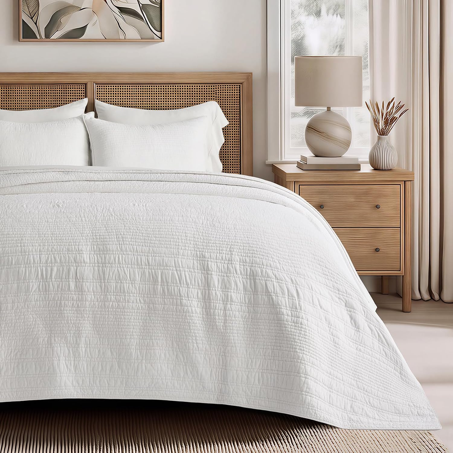 EVERGRACEHOME 100% Cotton Modern Lines Quilt Set Oversized King, Pre-Washed Soft Striped Coverlet Bedspread, 3 Piece Lightweight Bedding Set for All Season, with 2 Pillow Shams, Bright White