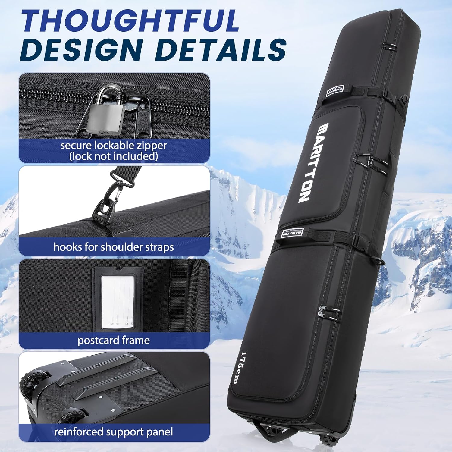 Double Rolling Ski Bag with Wheels, Padded Ski Bag for Air Travel to Hold 2 Pairs of Skis up to 175 or 190 cm.