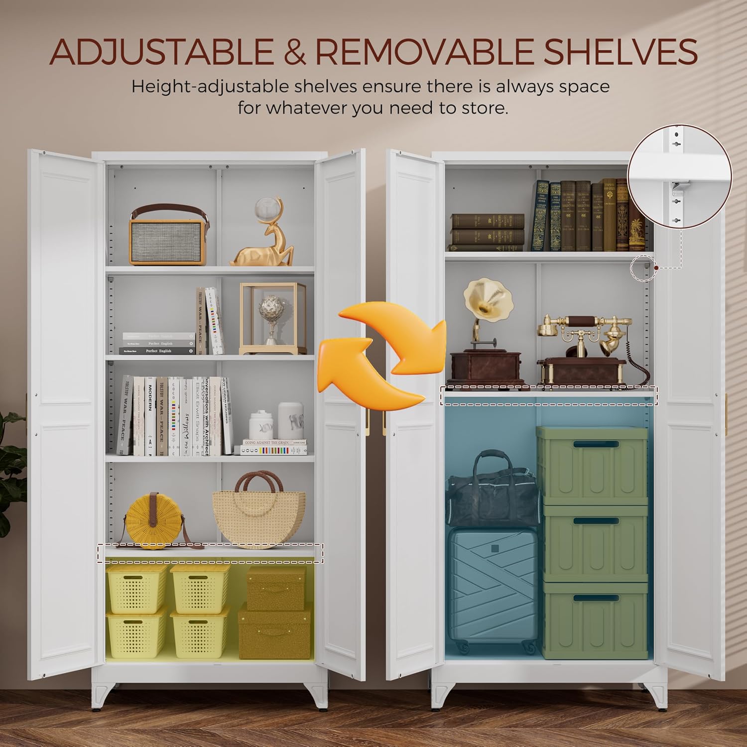 75' Kitchen Pantry Cabinet, White Metal Storage Cabinets with 2 Doors and 4 Adjustable Shelves, Tall Pantry Storage Cabinet for Kitchen, Dining Room, Living Room