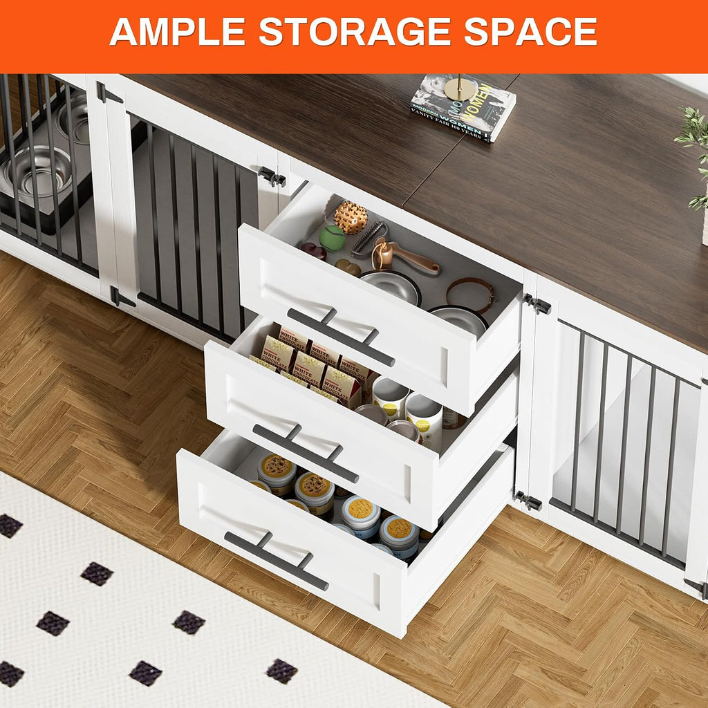 Rophefx 94.5' Dog Crate Furniture for 2 Dogs, Large Dog Kennel Furniture with 3 Storage Drawer, Wooden Dog Cage with 4 Bowls, Indoor Dog House TV Stand with Locks for Large Medium Dog, White