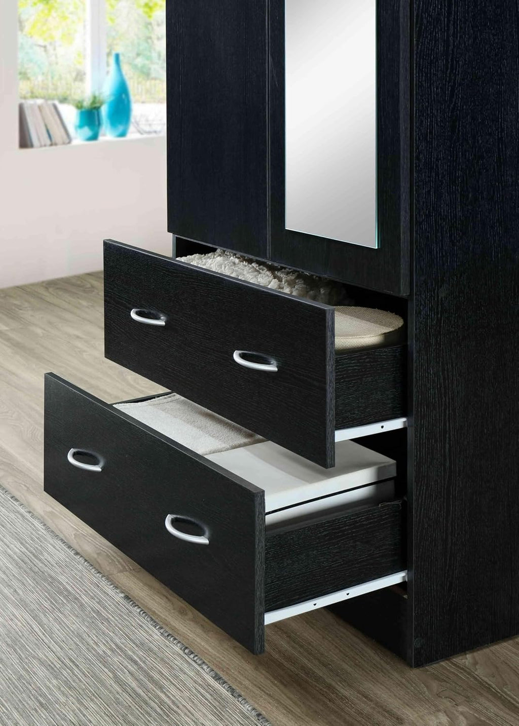 HODEDAH 2 Door Wood Wardrobe Bedroom Closet with Clothing Rod inside Cabinet, 2 Drawers for Storage and Mirror, Black