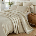 Brandream Luxury Cotton Quilt Set Queen Size ?Handcrafted Floral Vine Stitching Beige Ruffled Edge Bedspread Heirloom Quilt Bedding Set 3-Piece