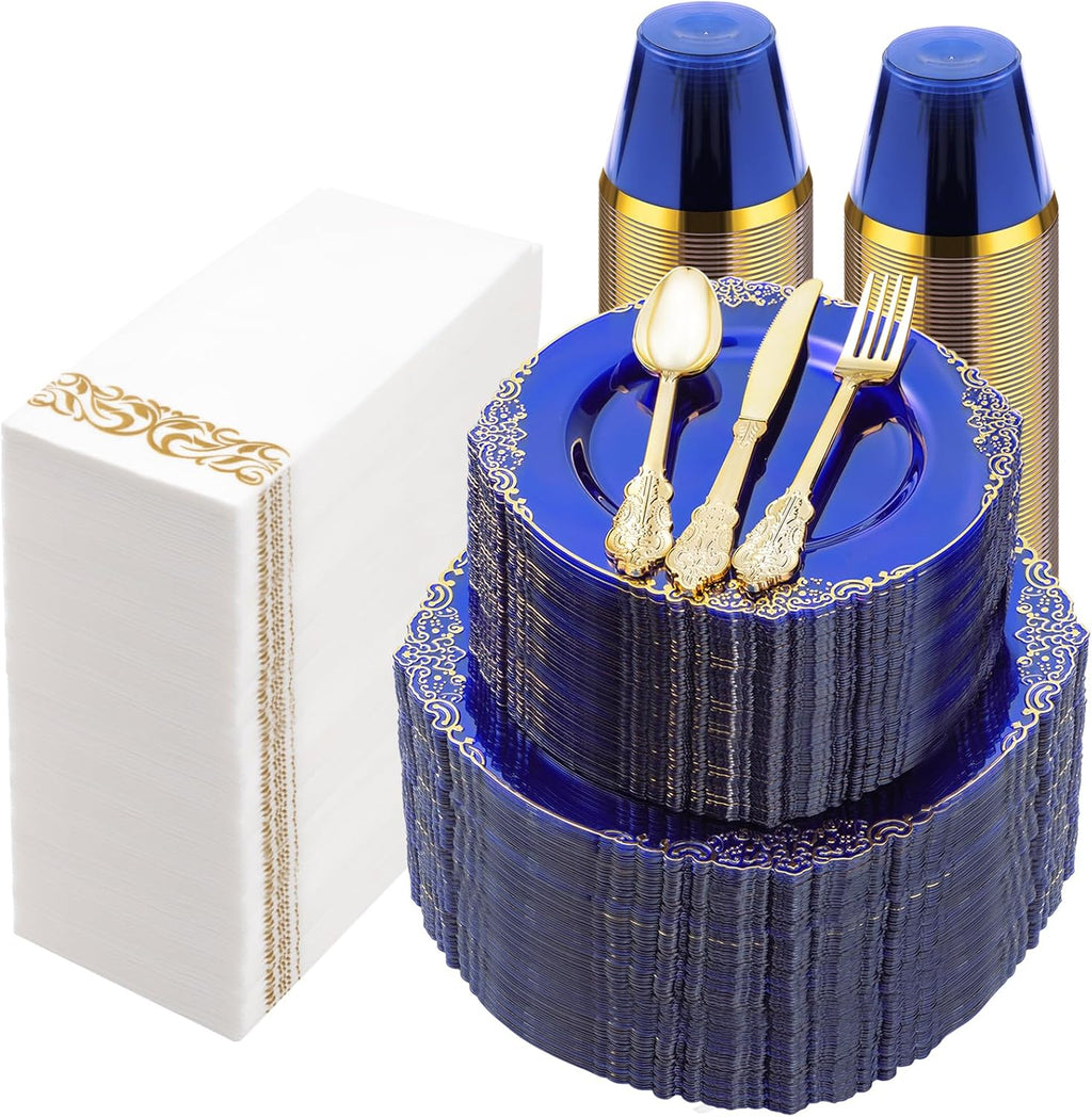 Bestluck 700PCS Clear Blue Plastic Plates for 100 Guests, Disposable Plates with Gold Trim include 100 Dinner plates, 100 Dessert Plates, 100 Gold Silverware, Cups and Napkins for Party, Graduation