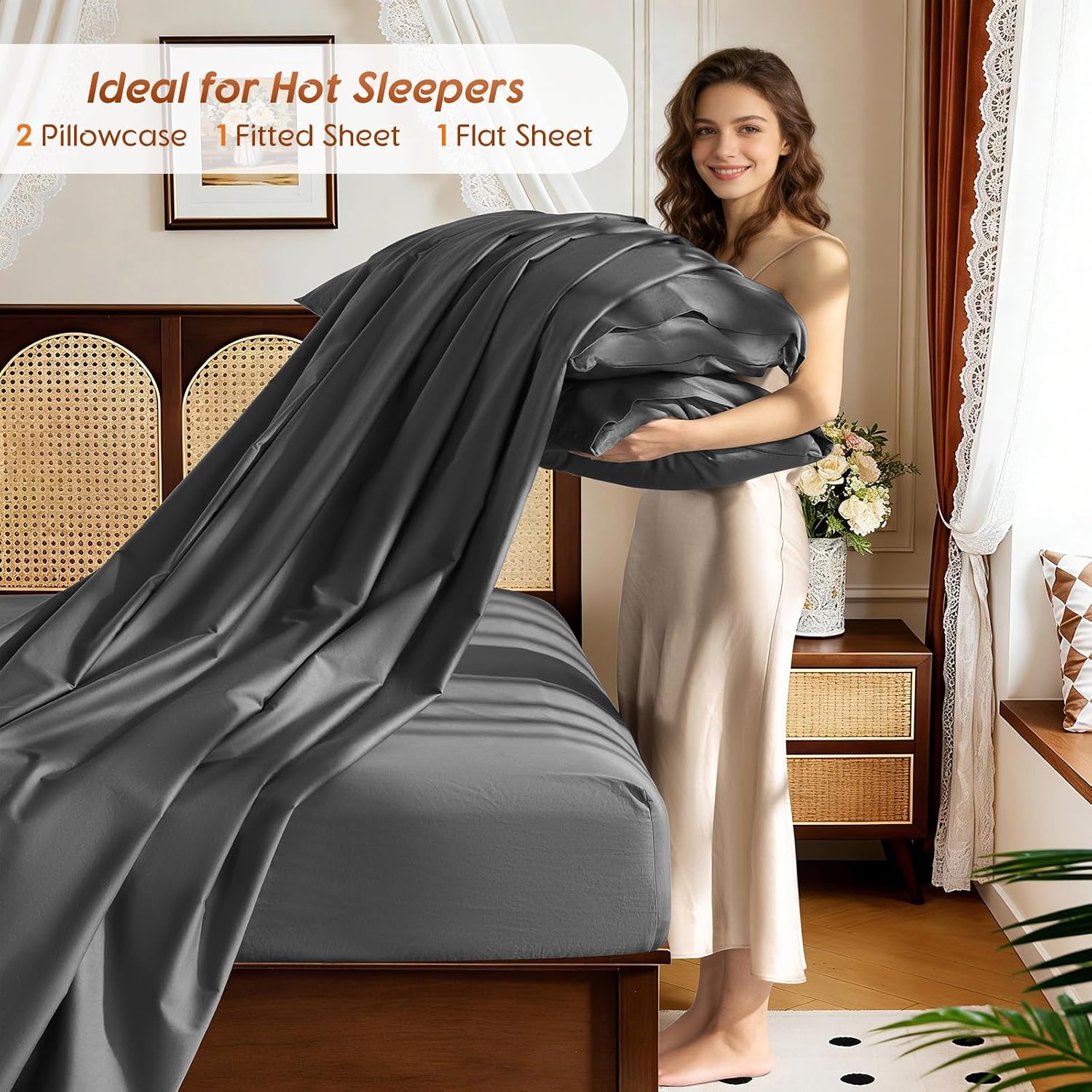 1200 Thread 100% Egyptian Cotton Sheet Sets Queen Size 4 Pcs Bedding Set, Fitted Sheet Deep Pocket Up to 16' Soft Bed Sheet for All Season (Queen, Dark Gray)
